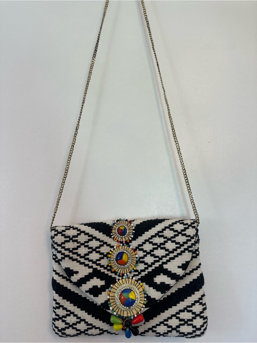 Versona Black & White Beaded Pattern Crossbody Bag with Colorful Gem Accents